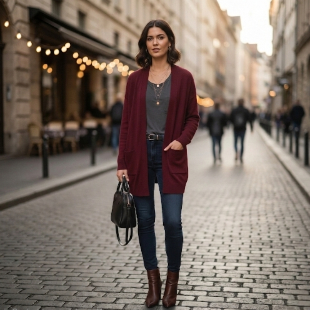 CW Classics Burgundy Open Front Cardigan with Pockets - Size 1X